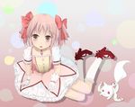  bad_id bad_pixiv_id bow coop_(coupon123) dress gloves hair_bow kaname_madoka kyubey magical_girl mahou_shoujo_madoka_magica open_mouth pink_eyes pink_hair shoes short_hair short_twintails sitting twintails 