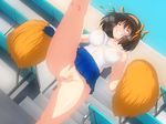  artist_request blush bow brown_eyes brown_hair censored cheerleader clenched_teeth dutch_angle exhibitionism false_clothes grin hair_bow leg_lift microskirt miniskirt mosaic_censoring no_panties outdoors painted_clothes pleated_skirt pom_poms pussy see-though see-through skirt smile solo suzumiya_haruhi suzumiya_haruhi_no_yuuutsu topless torogao 