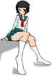  arm_support bangs black_hair blunt_bangs bob_cut brown_eyes feet legs oga_(o-g-a) sayonara_zetsubou_sensei school_uniform serafuku short_hair simple_background sitting skirt socks solo tsunetsuki_matoi 