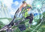  bag blonde_hair blue_eyes capelet fantasy flying full_moon gloves hat highres moon one_eye_closed original pantyhose pointy_ears shingo_(picturepuzzle) sitting solo staff 