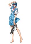  arm_up ayanami_rei barefoot black_legwear blue_hair feet full_body highres holding holding_shoes neon_genesis_evangelion open_mouth red_eyes school_uniform shading_eyes shoes shoes_removed short_hair simple_background socks socks_removed solo white_background yuusuke_(ziyasu) 