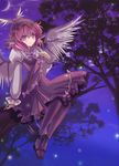  animal_ears bad_id bad_pixiv_id crescent_moon dress hand_on_own_chest hat highres in_tree marionette_(excle) moon music musical_note mystia_lorelei night night_sky red_eyes red_hair singing sitting sitting_in_tree sky solo touhou tree wings 