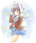  bad_id bad_pixiv_id bunny_headphones cardigan closed_eyes grey_hair headphones kita_high_school_uniform mode_(mode-n) nagato_yuki school_uniform serafuku short_hair solo suzumiya_haruhi-chan_no_yuuutsu suzumiya_haruhi_no_yuuutsu 