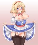  alice_margatroid bare_shoulders blonde_hair blue_eyes blush breasts dress dress_lift dress_pull garter_straps hairband inverted_nipples lace lace-trimmed_thighhighs large_breasts nipples panties sekiri short_hair solo thigh_gap thighhighs touhou underwear 