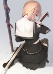  black_legwear blonde_hair blue_eyes crack face from_behind head_down katana nape on_floor original pantyhose scabbard school_uniform serafuku sheath shirabi short_hair sitting solo sword torn_clothes torn_legwear weapon 