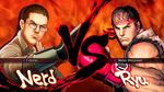  angry_video_game_nerd blue_eyes brown_eyes brown_hair fake_screenshot fiery_background fire frown glasses headband jaimito james_rolfe multiple_boys power_glove red_background ryuu_(street_fighter) street_fighter street_fighter_iv_(series) vs 