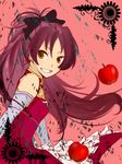  aine_(haibane) apple fang food fruit highres long_hair magical_girl mahou_shoujo_madoka_magica open_mouth ponytail red_eyes red_hair sakura_kyouko smile solo 