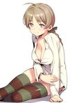  bad_id bad_pixiv_id blue_eyes braid breasts brown_hair brown_legwear cleavage fingernails hair_ribbon holding_arm kaida_bola large_breasts long_hair lynette_bishop no_bra open_clothes open_shirt ribbon shirt simple_background single_braid sitting skindentation smile solo strike_witches striped striped_legwear thighhighs white_background world_witches_series 