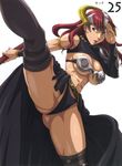  armor breasts cameltoe claudette_(queen's_blade) cleavage green_eyes helmet high_kick highres kicking large_breasts nigou open_mouth queen's_blade red_hair revealing_clothes solo sword thighhighs weapon 