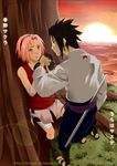  1girl character_name deviantart_username haruno_sakura hetero highres hikarra naruto_(series) naruto_shippuuden ninja outdoors uchiha_sasuke watermark web_address 