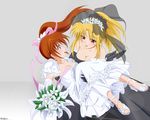  absurdres blonde_hair blush bouquet breasts bride carrying cleavage dress fate_testarossa flower highres long_hair lyrical_nanoha mahou_shoujo_lyrical_nanoha mahou_shoujo_lyrical_nanoha_a's mahou_shoujo_lyrical_nanoha_strikers multiple_girls princess_carry purple_eyes rato red_eyes romance side_ponytail small_breasts smile takamachi_nanoha wedding wedding_dress wife_and_wife yuri 