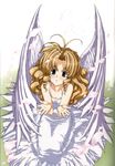  ahoge angel_wings blonde blue_eyes blush dress feathers kneeling long_hair petals urushihara_satoshi wings 