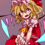  ascot bad_id bad_pixiv_id blonde_hair fang flandre_scarlet hat hutaba123 red_eyes simple_background solo touhou wings wrist_cuffs 