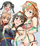  birthday blue_eyes blush bra breasts brown_eyes brown_hair charlotte_e_yeager english fang fernandia_malvezzi francesca_lucchini green_eyes green_hair grin hi-ho- jealous lingerie medium_breasts multiple_girls one-piece_swimsuit one_eye_closed open_mouth orange_hair panties ribbon school_swimsuit smile strike_witches swimsuit takei_junko twintails underwear underwear_only uniform world_witches_series 