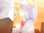  blue_eyes blush cum cum_in_mouth cum_on_blouse cum_on_clothes cum_string facial fellatio hand_on_head oral penis school_uniform schoolgirl_uniform shiraki_aeka short_hair uncensored white_hair yume_miru_kusuri 