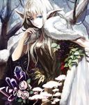  blue_eyes cape crystal dress elf flower food forest fruit fur grapes leaf lips long_hair madoi_shiroo nature original pointy_ears rose snow solo strawberry thorns tree white_hair winter 