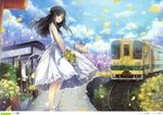  :d absurdres black_eyes black_hair bouquet cloud copyright_request day dress flower ground_vehicle hagiwara_rin hair_ribbon half_updo highres huge_filesize long_hair open_mouth petals railroad_tracks ribbon scan shoes sky smile solo sundress train 