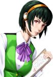  bow clipboard green_hair hairband headset idolmaster idolmaster_(classic) mole mole_under_mouth otonashi_kotori red_eyes short_hair simple_background solo upper_body yorimitsu 