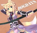  animal_ears armor bow_(weapon) breasts dog_days fingerless_gloves fox_ears fox_tail gloves green_eyes japanese_armor japanese_clothes jewelry kote kurokote medium_breasts pendant quiver saemon_(tonpura) solo tail thighhighs weapon yukikaze_panettone 