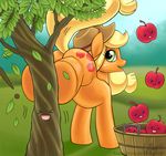  :o apple applejack_(mlp) blonde_hair butt equine female feral friendship_is_magic fruit green_eyes hair happy_face hat horse kawaii_pie_pie mammal my_little_pony pony smile solo tree wood xd 