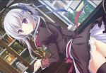  :o absurdres ass dutch_angle headdress highres ibaragi_ai indoors long_hair looking_at_viewer looking_back panties petticoat pink_panties puffy_sleeves purple_eyes scan school_uniform shirahane_nao silver_hair skindentation skirt solo sucre thighhighs underwear 