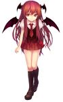  adapted_costume bat_wings black_legwear demon_wings full_body head_wings kneehighs koakuma leaning_forward long_hair mary_janes necktie red_eyes red_hair red_neckwear shoes simple_background skirt smile solo touhou very_long_hair vest wings yandywu 