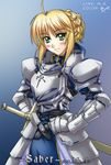  ahoge armor armored_dress artoria_pendragon_(all) blonde_hair blush chu31004 dress fate/stay_night fate_(series) faulds gauntlets green_eyes hair_ribbon hands_on_hips pauldrons ribbon saber signature solo 
