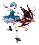  alternate_costume blue_eyes blue_hair dress embellished_costume eyes feet frills full_body gathers geta heterochromia highres looking_back petticoat red_eyes short_hair simple_background solo tatara_kogasa tentacles tongue touhou tsurui umbrella white_background 