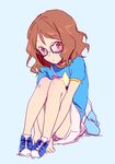  anjou_naruko ano_hi_mita_hana_no_namae_wo_bokutachi_wa_mada_shiranai. bad_id bad_pixiv_id bag blush brown_hair convenient_arm convenient_leg glasses leg_hug looking_at_viewer red_eyes shirt shoes short_hair shy sitting sketch skirt sneakers solo t-shirt teti wavy_hair younger 