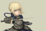  armor artoria_pendragon_(all) bad_id bad_nicoseiga_id blonde_hair fate/stay_night fate_(series) foreshortening green_eyes looking_at_viewer saber short_hair simple_background solo sword tommy_(ha_kka) weapon 
