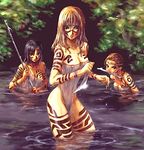  amazon bodypaint breasts copyright_request covered_nipples dagger green_eyes headband jungle kawamura_takayasu knife large_breasts multiple_girls nature nipples nude polearm see-through spear tribal water weapon wet wet_clothes 