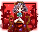  bad_id bad_pixiv_id fan gochou_(atemonai_heya) hair_ornament japanese_clothes kimono leaf_hair_ornament paper_fan solo touhou uchiwa yasaka_kanako 