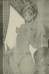  amami_yui blush breasts comic curtains embarrassed flower hair_flower hair_ornament highres lace lace_panties lingerie medium_breasts monochrome nipples official_art panties scan seo_kouji short_hair solo standing suzuka topless underwear underwear_only undressing window 