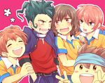  bad_id bad_pixiv_id blue_eyes blue_hair blush brown_eyes brown_hair cloak headband inazuma_eleven_(series) inazuma_eleven_go kirino_ranmaru matsukaze_tenma multiple_boys nishizono_shinsuke open_mouth pants racotta shindou_takuto short_hair soccer_uniform sportswear tsurugi_kyousuke v yellow_eyes 