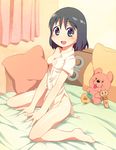  barefoot bed bed_sheet black_hair breasts cleavage curtains dress_shirt green_eyes kneeling medium_breasts nichijou open_mouth pillow shinonome_nano shirt short_hair solo stuffed_animal stuffed_toy tsumuri winding_key 