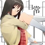  bad_id bad_pixiv_id black_eyes black_hair blazer book copyright_name glasses jacket leg_hug long_hair long_sleeves minakami_mai nichijou nishiuri_warito open_book school_uniform shoes skirt socks solo tokisadame_school_uniform white_background white_legwear 