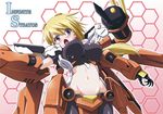  blonde_hair blush breasts c.r. charlotte_dunois erect_nipples female impossible_clothes impossible_shirt infinite_stratos large_breasts mecha mecha_musume midriff mound_of_venus navel open_mouth ponytail purple_eyes shirt skin_tight solo sweatdrop 
