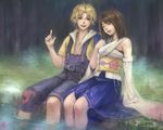  1girl blonde_hair blue_eyes blue_hakama brown_hair closed_eyes detached_sleeves final_fantasy final_fantasy_x habbitrot hakama japanese_clothes open_mouth short_hair sitting smile soaking_feet tidus water yuna_(ff10) 