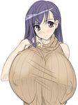  bare_shoulders blush breasts erect_nipples female gigantic_breasts hand_on_neck huge_breasts kloah pink_eyes purple_hair simple_background solo sweater white_background 