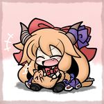  &gt;_&lt; :3 :d ^_^ belly_rub blush bow cat chibi closed_eyes fang hair_bow happy horn_ribbon horns ibuki_suika long_hair lying on_back open_mouth orange_hair ribbon sitting smile solo touhou x3 yanagi_(nurikoboshi) 