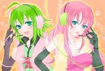  2girls green_eyes green_hair gumi happy_synthesizer_(vocaloid) long_hair megurine_luka multiple_girls pantyhose pink_hair short_hair smile vocaloid 