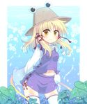  blonde_hair blush cowboy_shot hair_ribbon hat hoop leaf midriff miruki moriya's_iron_rings moriya_suwako navel purple_skirt ribbon skirt smile solo thighhighs touhou white_legwear yellow_eyes zettai_ryouiki 