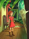  arrietty boots bottle chaco_1 chair faux_traditional_media karigurashi_no_arrietty leaf light_smile minigirl red_skirt skirt solo standing window 