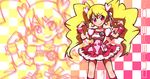  blonde_hair bow checkered checkered_background choker cure_peach dress earrings fresh_precure! frills hair_ornament hairpin heart heart_hair_ornament highres jewelry long_hair magical_girl momozono_love pink_bow pink_choker pink_eyes precure ryuuta_(cure_ryuuta) smile solo twintails wrist_cuffs zoom_layer 