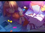  book candy closed_eyes digital_media_player earphones earphones_removed food kagamine_rin letterboxed lying on_side open_book pillow sheet_music smile solo stuffed_animal stuffed_toy temari_(deae) vocaloid 