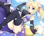  animal_ears black_gloves black_legwear blonde_hair breasts cloud day dog_days fingerless_gloves fox_ears fox_tail gloves green_eyes hinata_sora japanese_clothes large_breasts outdoors panties petals sky smile solo tail thighhighs underwear white_panties yukikaze_panettone 