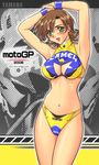  absurdres arms_up bikini blush breasts brown_hair cleavage cleavage_cutout highres large_breasts moto_gp original r1 race_queen short_hair solo swimsuit 