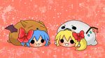  :3 alternate_costume bat_wings blonde_hair blue_hair blush bow capybara chibi flandre_scarlet hair_bow multiple_girls no_hat no_headwear o_o remilia_scarlet seal short_hair side_ponytail star stitches touhou v-shaped_eyebrows wings yuumisaitou 