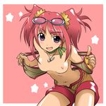  breasts dinosaur_king glasses highres kakkii medium_breasts open_clothes open_shirt pink_hair purple_eyes shirt solo tatsuno_malm twintails 