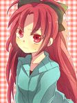  blush bow frown hair_bow jacket long_hair mahou_shoujo_madoka_magica plaid plaid_background ponytail red_background red_eyes red_hair sakura_kyouko solo zawameki 